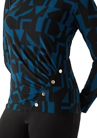 Women's Printed Long Sleeve Front Ruched Top with Rivets