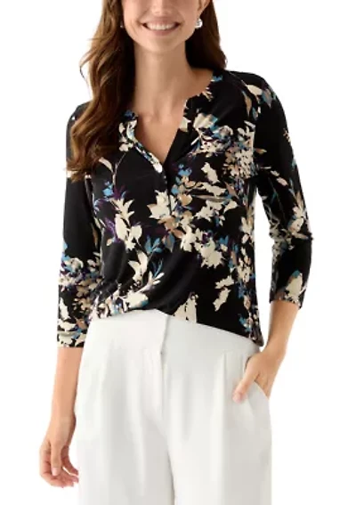 Women's 3/4 Sleeve Printed Henley Top