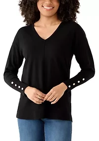 Women's V-Neck Long Sleeve with Buttons Top