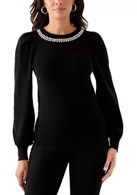 Women's Embellished Crew Neck with Puff Sleeves