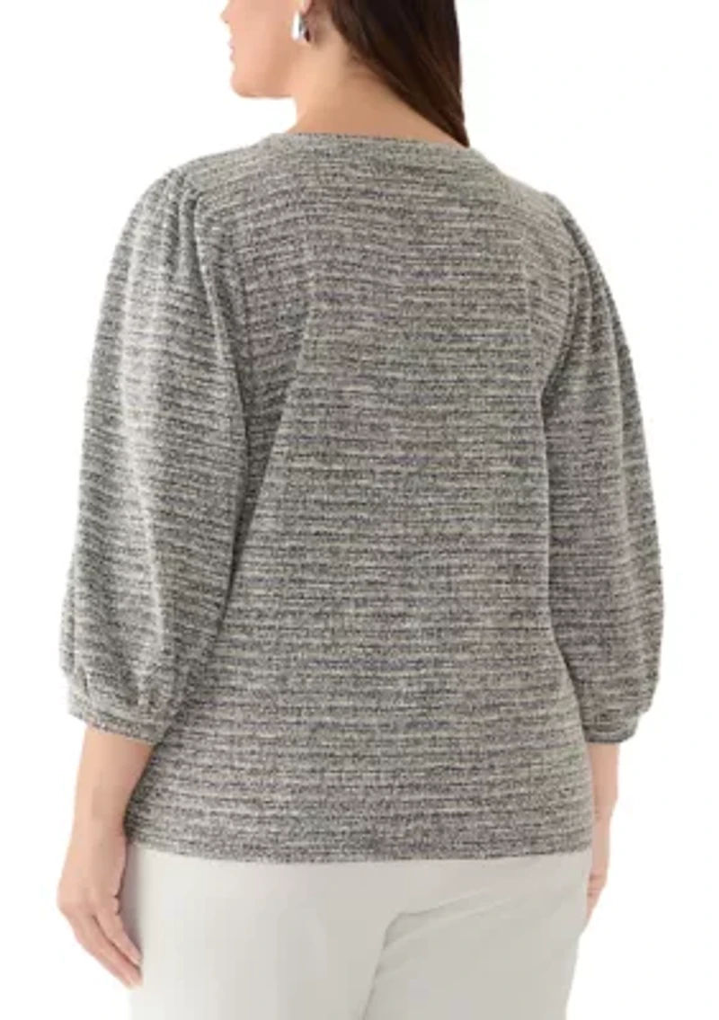 Plus 3/4 Balloon Sleeve Boucle Knit Top