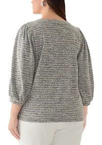 Plus 3/4 Balloon Sleeve Boucle Knit Top