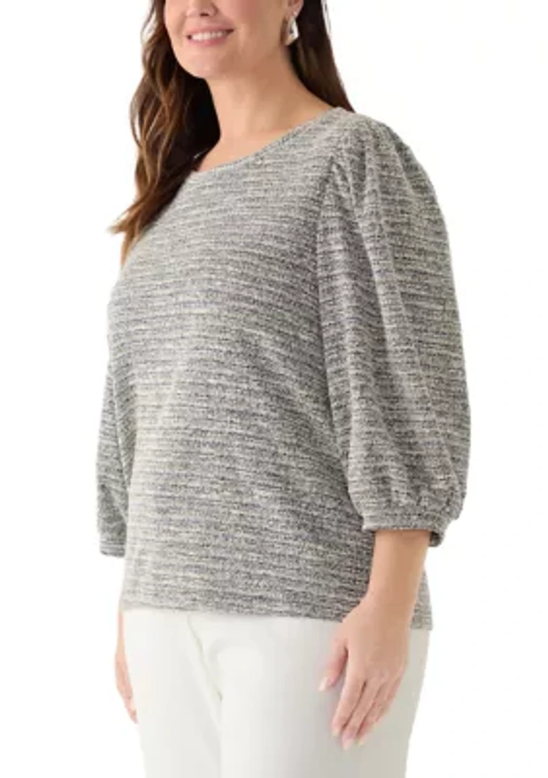 Plus 3/4 Balloon Sleeve Boucle Knit Top