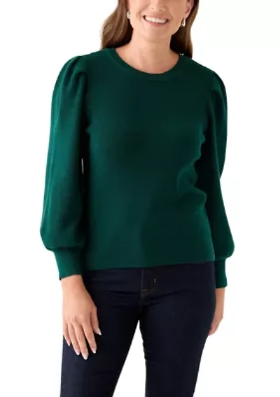 Petite Crew Neck Puff Sleeve Sweater