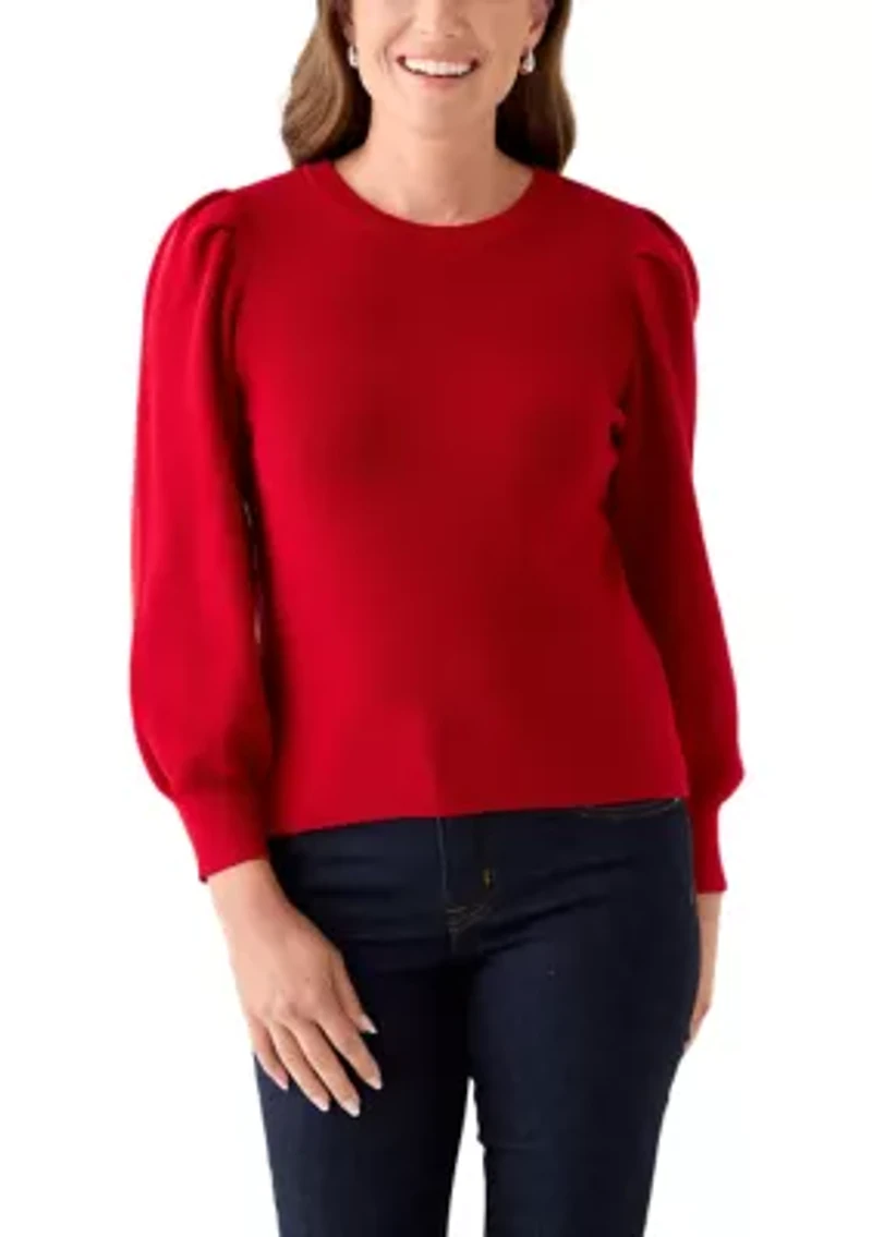 Petite Crew Neck Puff Sleeve Sweater