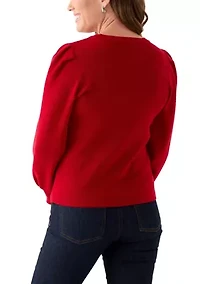 Petite Crew Neck Puff Sleeve Sweater