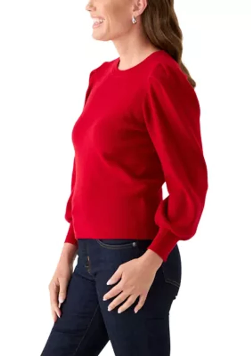Petite Crew Neck Puff Sleeve Sweater