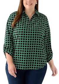 Plus V-Neck Collared Shirt with Roll Tab Sleeves