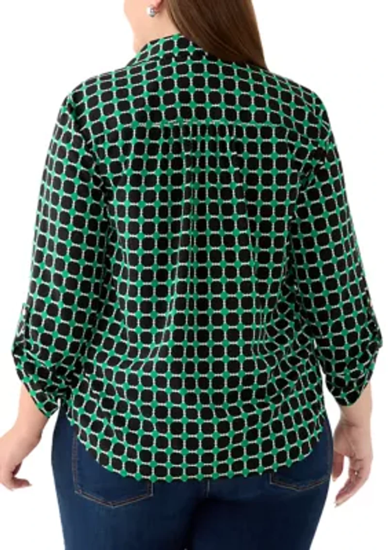 Plus V-Neck Collared Shirt with Roll Tab Sleeves