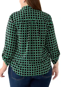 Plus V-Neck Collared Shirt with Roll Tab Sleeves