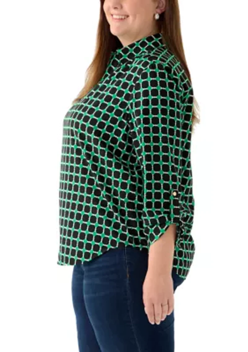 Plus V-Neck Collared Shirt with Roll Tab Sleeves