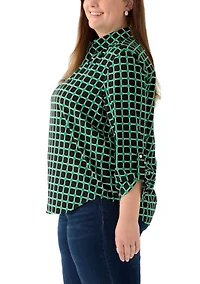 Plus V-Neck Collared Shirt with Roll Tab Sleeves