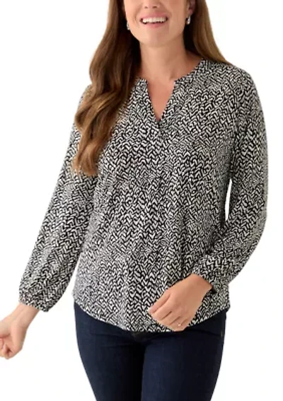 Petite Long Sleeve Split Neck Printed Top
