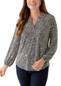 Petite Long Sleeve Split Neck Printed Top