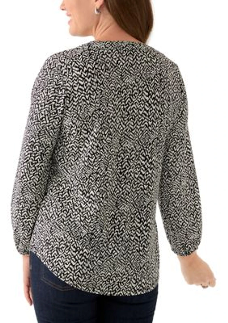 Petite Long Sleeve Split Neck Printed Top