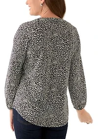 Petite Long Sleeve Split Neck Printed Top