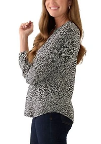 Petite Long Sleeve Split Neck Printed Top