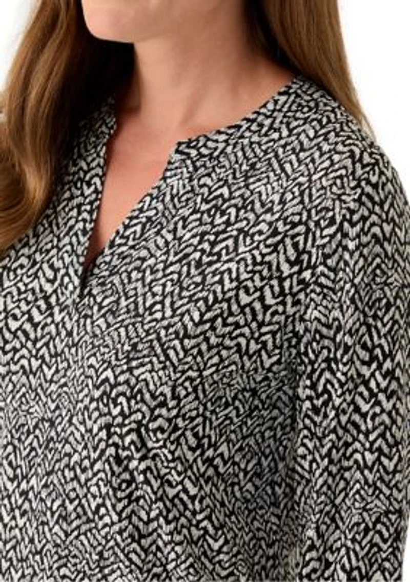 Petite Long Sleeve Split Neck Printed Top