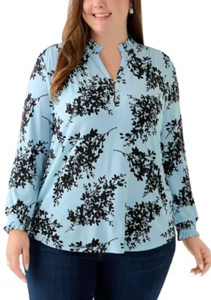 Plus Opal Blue Long Sleeve Ruffle Printed V-Neck with Smocked Cuff
