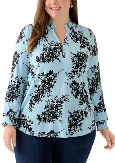Plus Opal Blue Long Sleeve Ruffle Printed V-Neck with Smocked Cuff