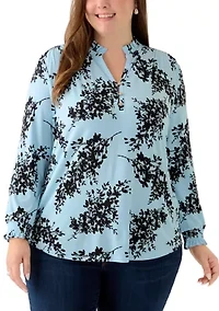 Plus Opal Blue Long Sleeve Ruffle Printed V-Neck with Smocked Cuff