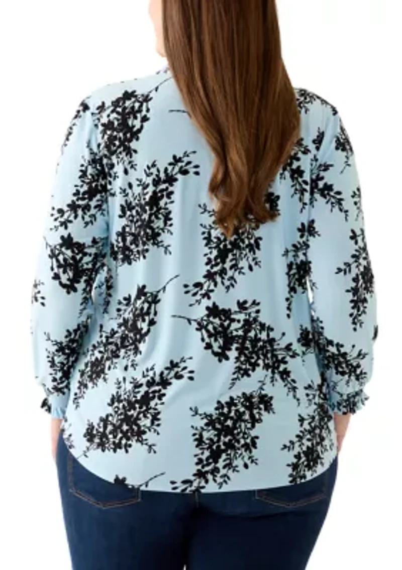 Plus Opal Blue Long Sleeve Ruffle Printed V-Neck with Smocked Cuff