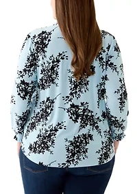 Plus Opal Blue Long Sleeve Ruffle Printed V-Neck with Smocked Cuff