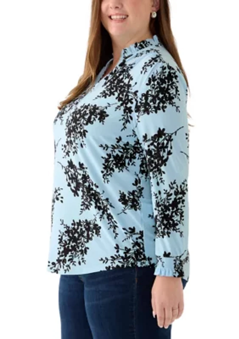 Plus Opal Blue Long Sleeve Ruffle Printed V-Neck with Smocked Cuff