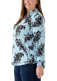 Plus Opal Blue Long Sleeve Ruffle Printed V-Neck with Smocked Cuff
