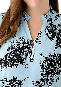 Plus Opal Blue Long Sleeve Ruffle Printed V-Neck with Smocked Cuff