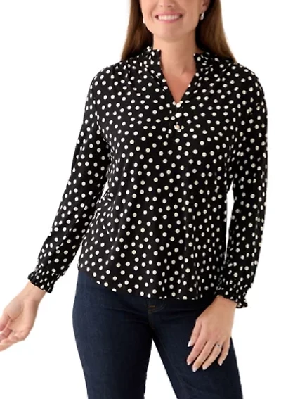 Petite Long Sleeve Ruffle V-Neck Smocked Dot Blouse
