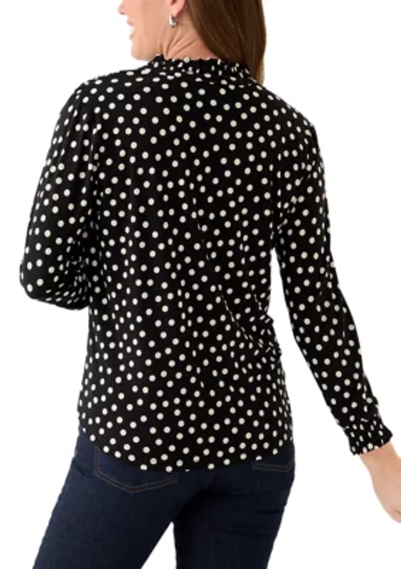 Petite Long Sleeve Ruffle V-Neck Smocked Dot Blouse