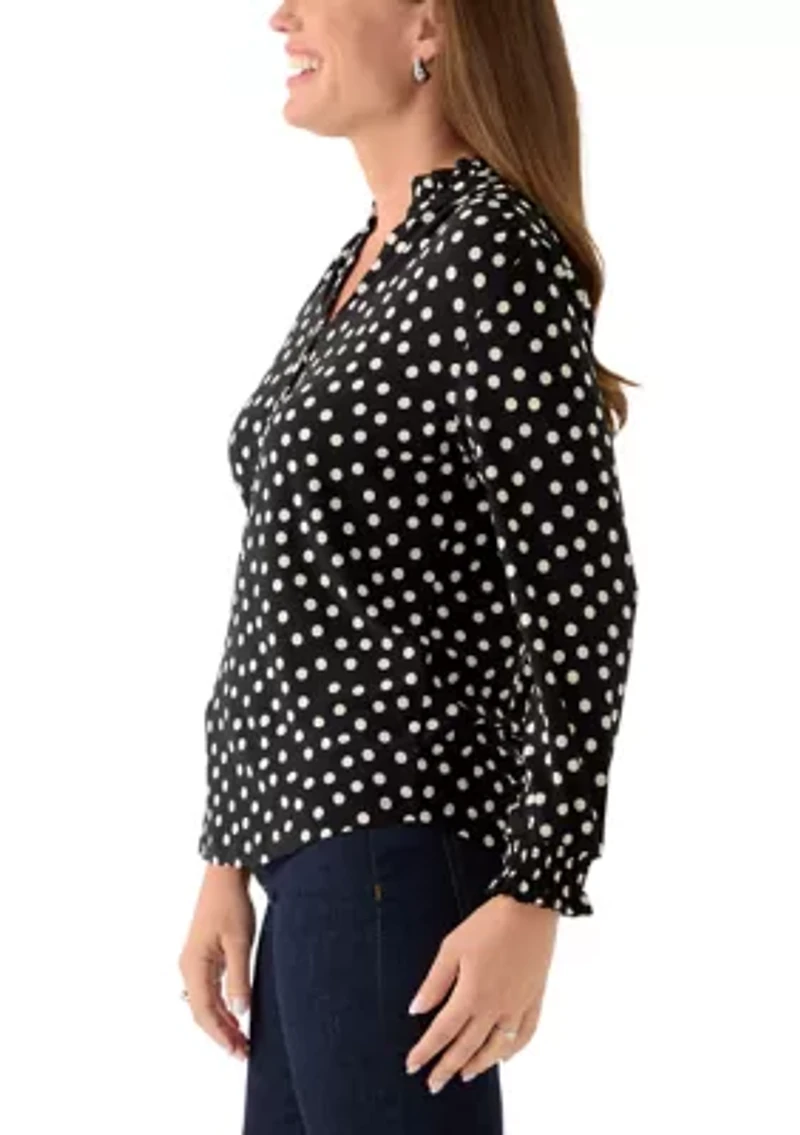 Petite Long Sleeve Ruffle V-Neck Smocked Dot Blouse