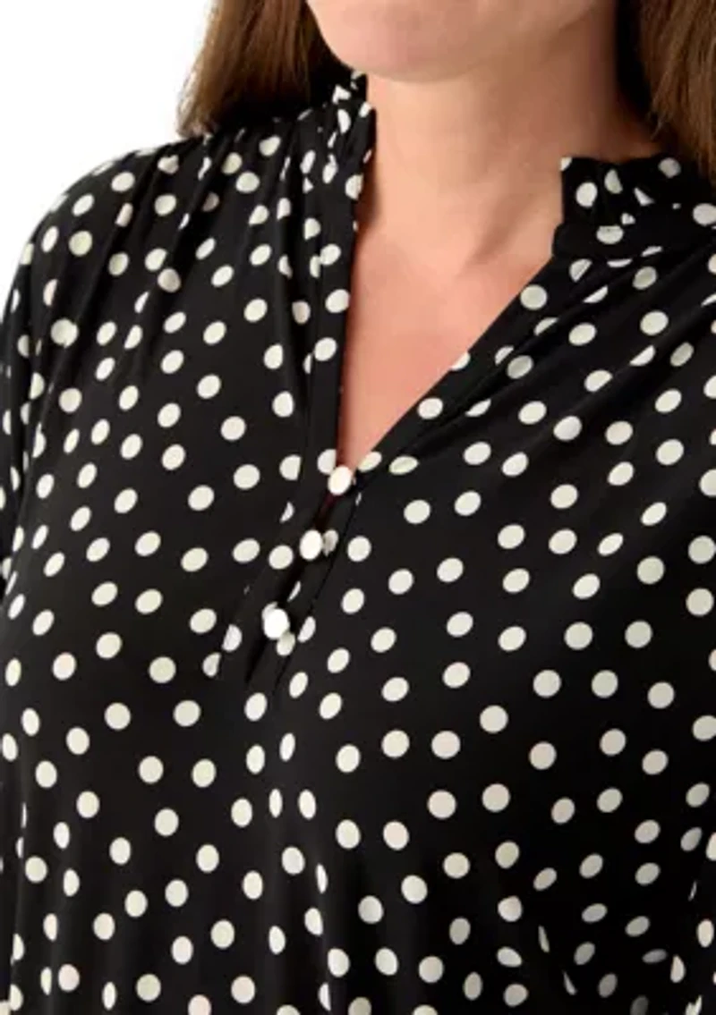 Petite Long Sleeve Ruffle V-Neck Smocked Dot Blouse
