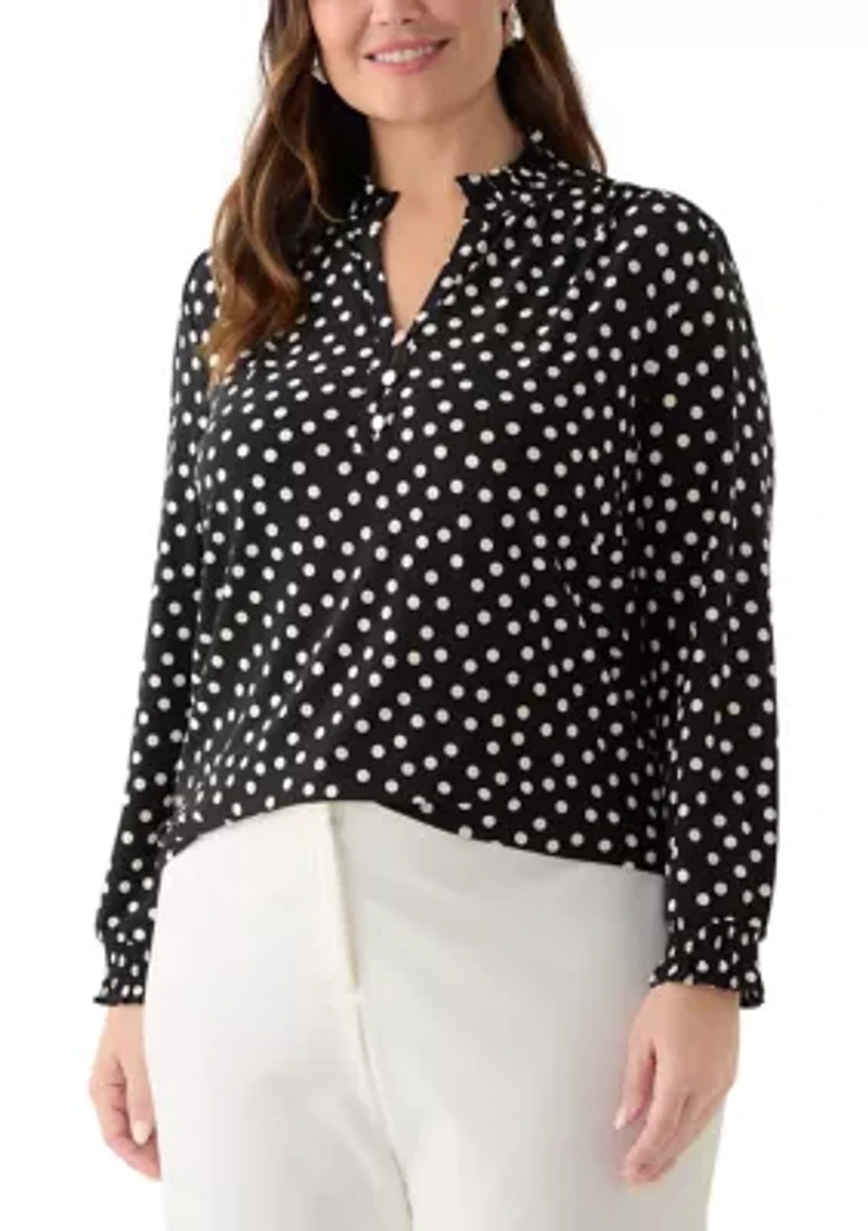 Plus Long Sleeve Ruffle V-Neck with Smocked Cuff - Printed