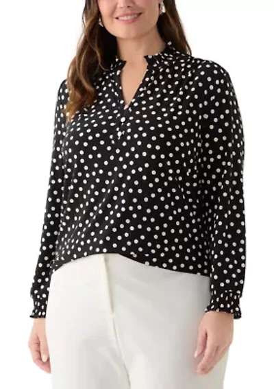 Plus Long Sleeve Ruffle V-Neck with Smocked Cuff - Printed