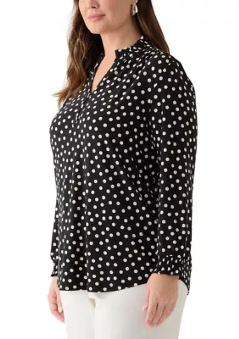 Plus Long Sleeve Ruffle V-Neck with Smocked Cuff - Printed