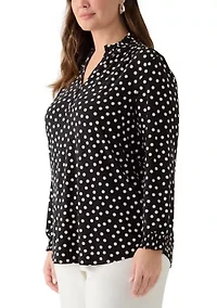 Plus Long Sleeve Ruffle V-Neck with Smocked Cuff - Printed