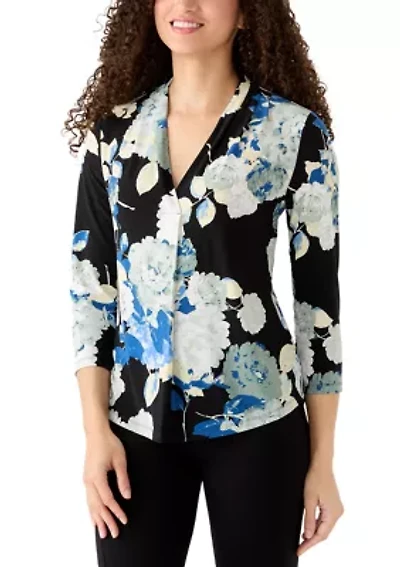 Petite 3/4 Sleeve Pleated Shoulder Blouse