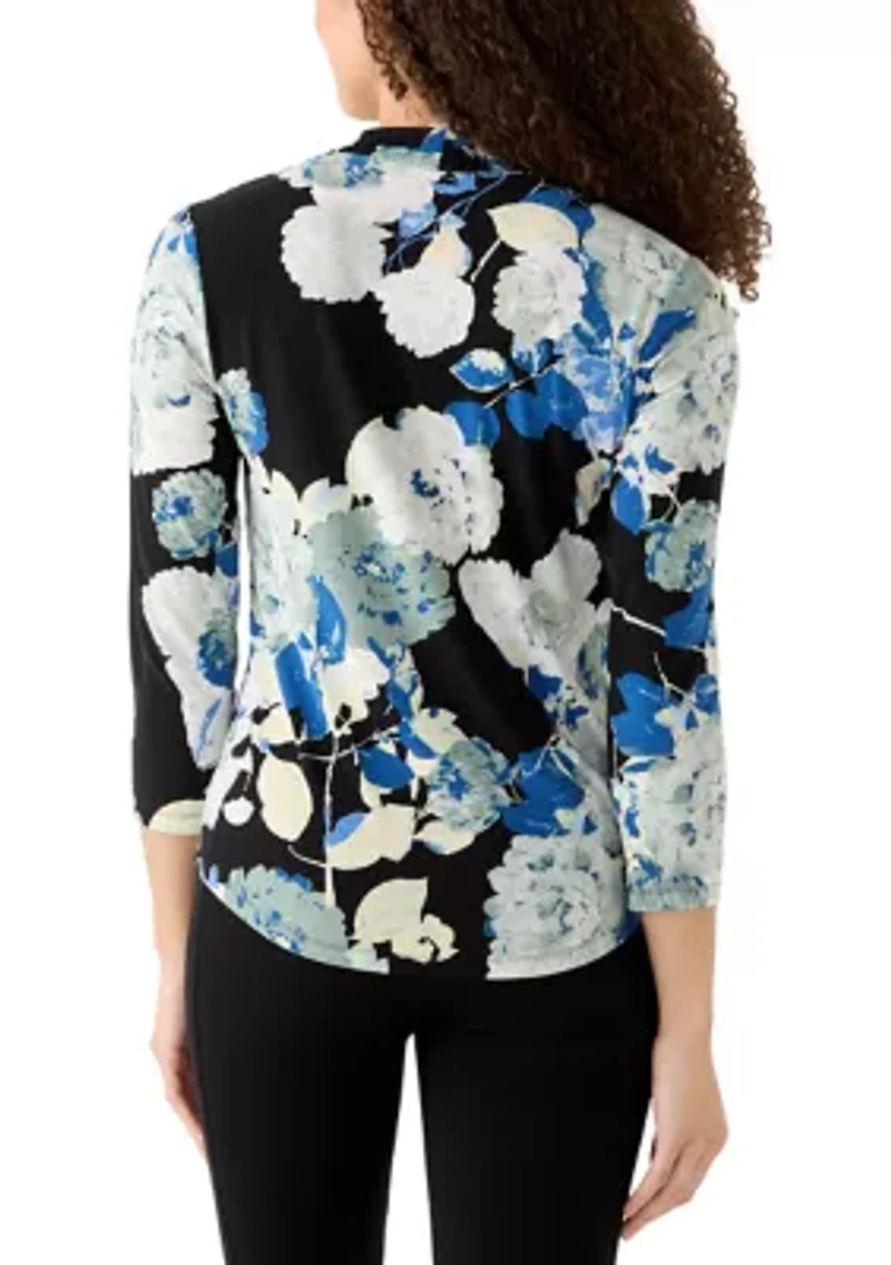 Petite 3/4 Sleeve Pleated Shoulder Blouse