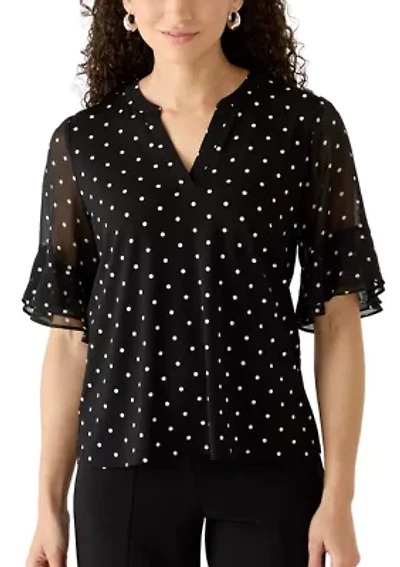 Petite Flutter Sleeve Split Neck Blouse