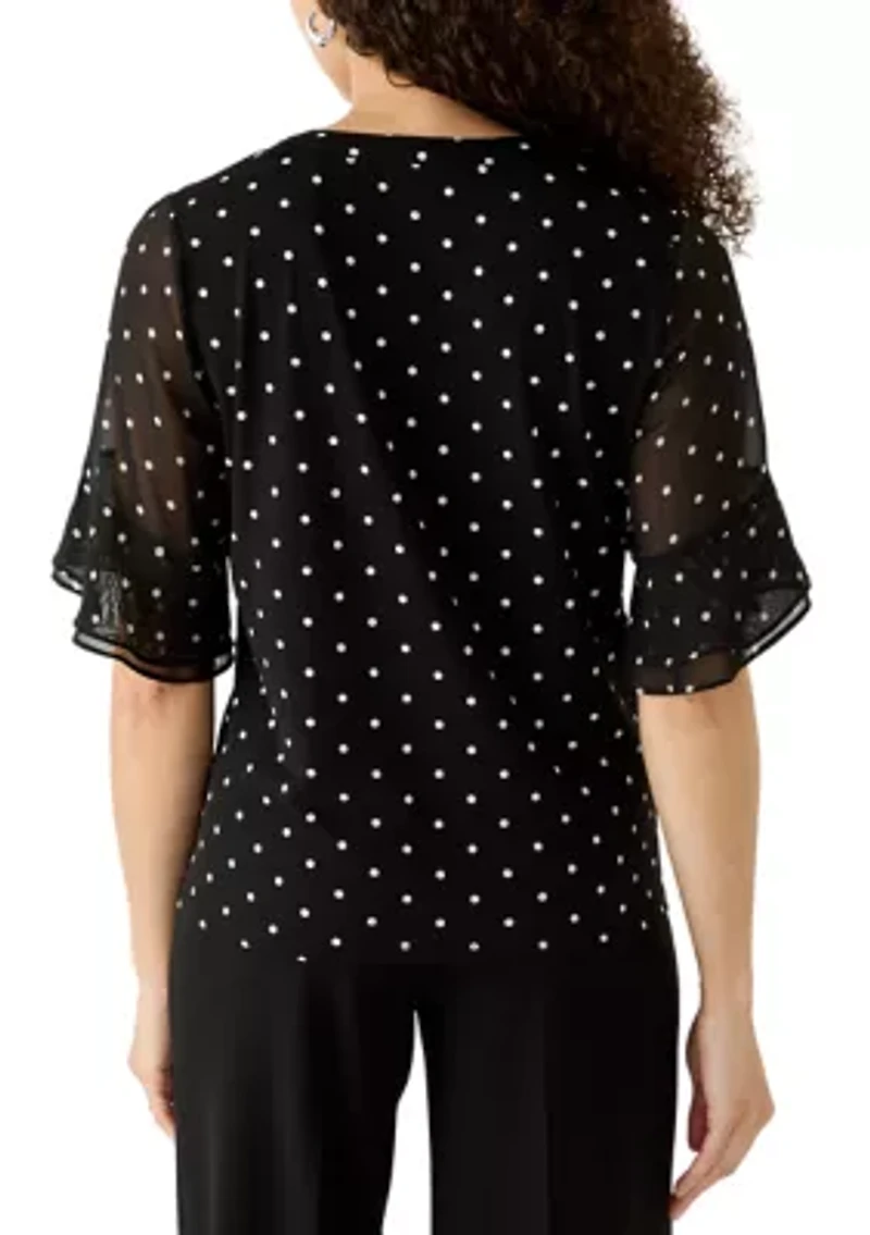 Petite Flutter Sleeve Split Neck Blouse