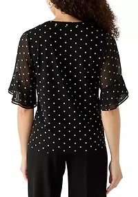 Petite Flutter Sleeve Split Neck Blouse