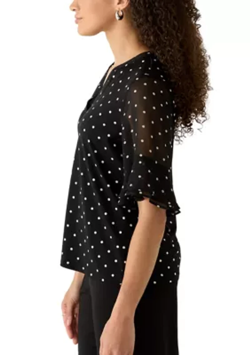 Petite Flutter Sleeve Split Neck Blouse