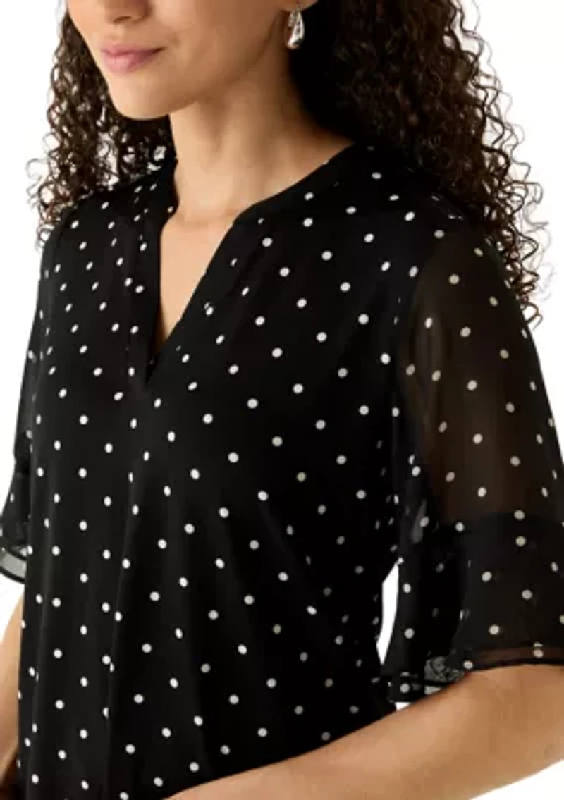 Petite Flutter Sleeve Split Neck Blouse