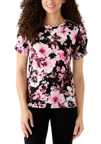 Petite Pleated Sleeve Print Top