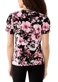 Petite Pleated Sleeve Print Top