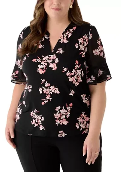 Plus Split Neck Ruffle Sleeve Top