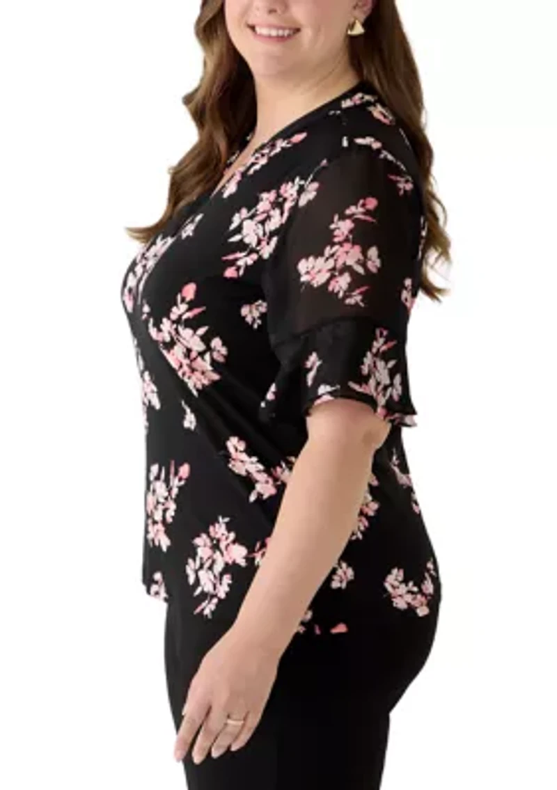 Plus Split Neck Ruffle Sleeve Top