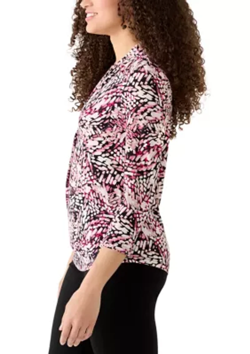 Petite 3/4 Sleeve Pleated Shoulder Blouse